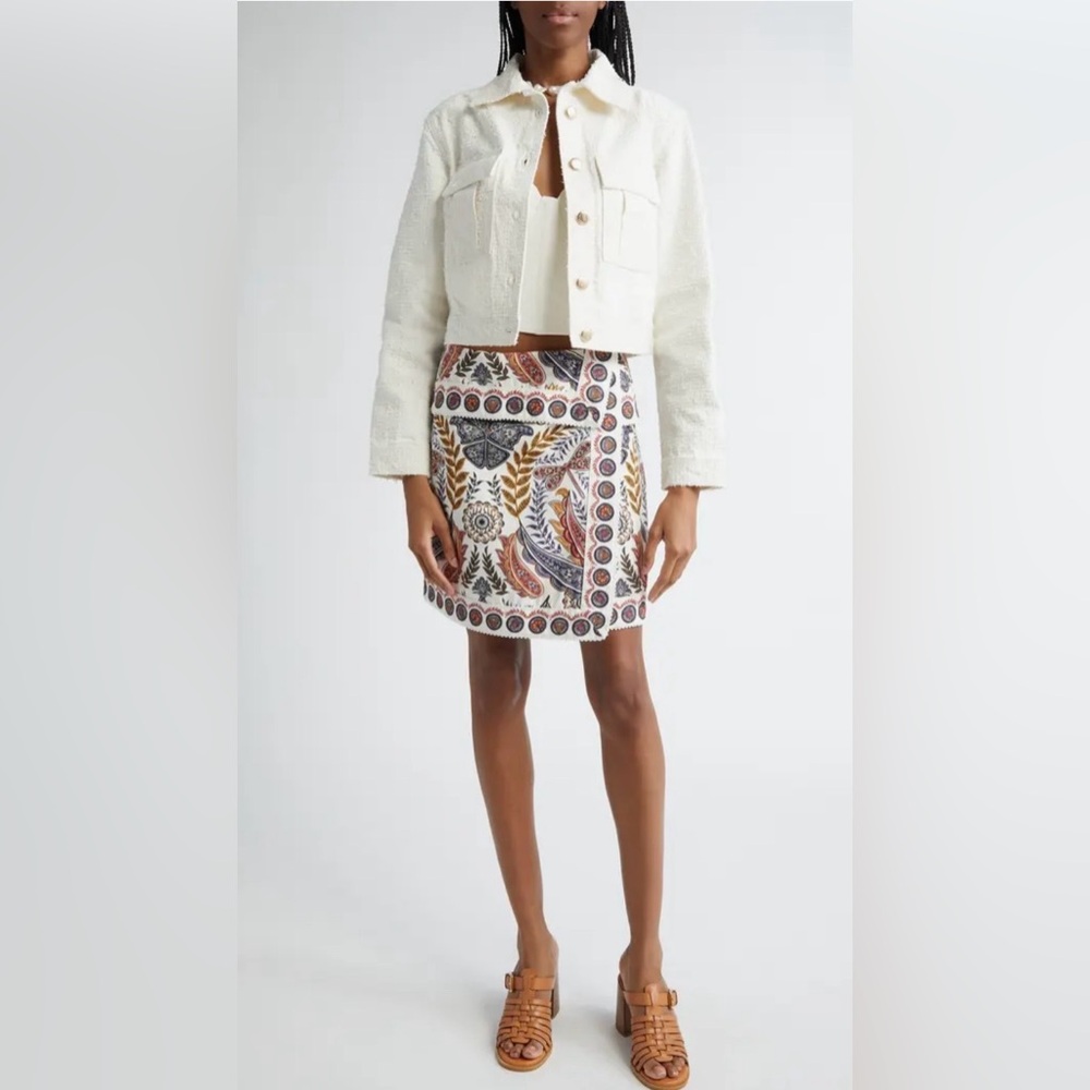 FARM Rio White Tweed Crop Jacket Textured Cotton Gold Button Coastal Boho Size M